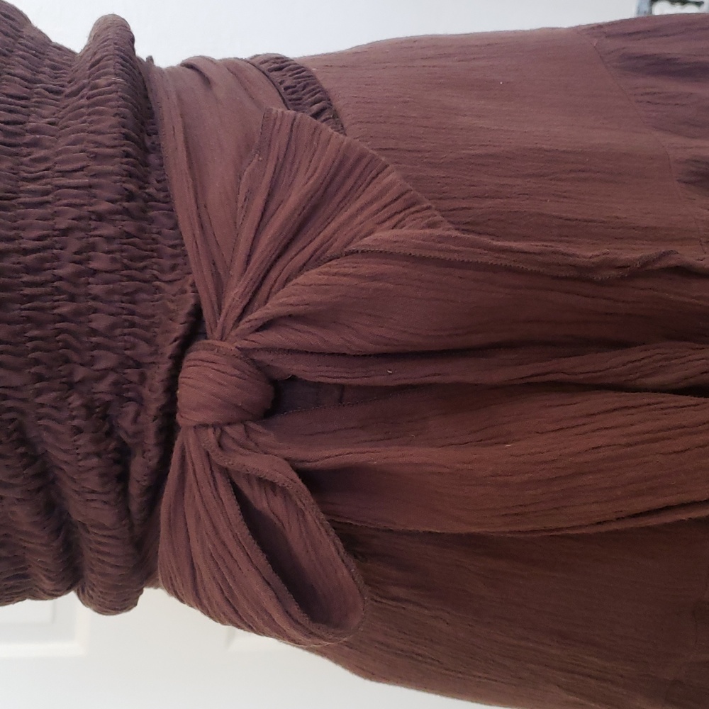 💐 Vintage Boho Brown Strapless Dress • Gauzy Cotton Smocked Bodice Tiered SMALL - Picture 8 of 11